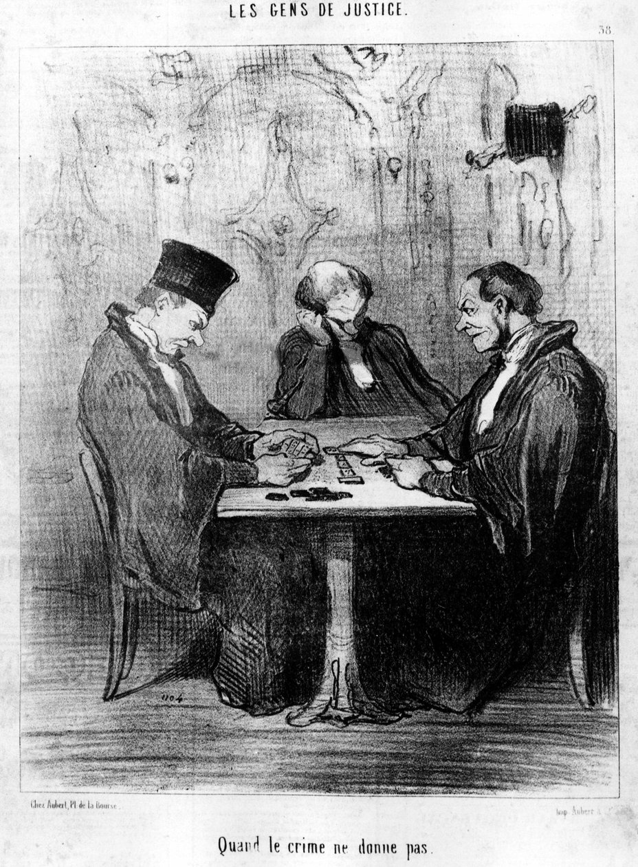 Kiedy zbrodnia nie daje, zaczerpnięte z "Gens de Justice", serii karykatur o sprawiedliwości autorstwa Honore Daumier (1808-1879). "Charivari" autorstwa Honoré Daumier