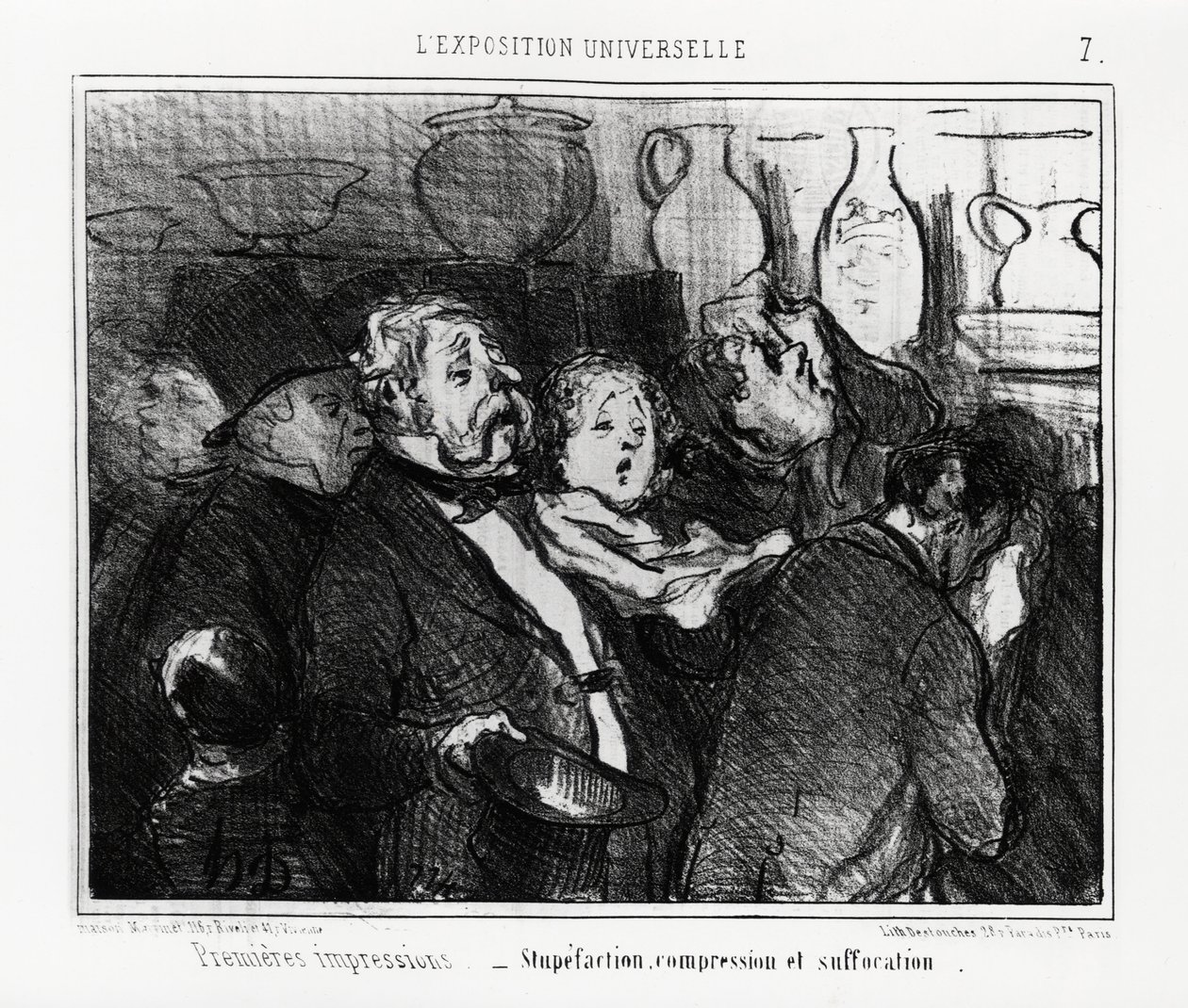 Wystawa światowa: pierwsze wrażenia: ogłupienie, ucisk i uduszenie. Ilustracja Honore Daumiera (1808-1879), opublikowana w wiadomościach „Charivari” z dnia 24 maja 1855 r. autorstwa Honoré Daumier