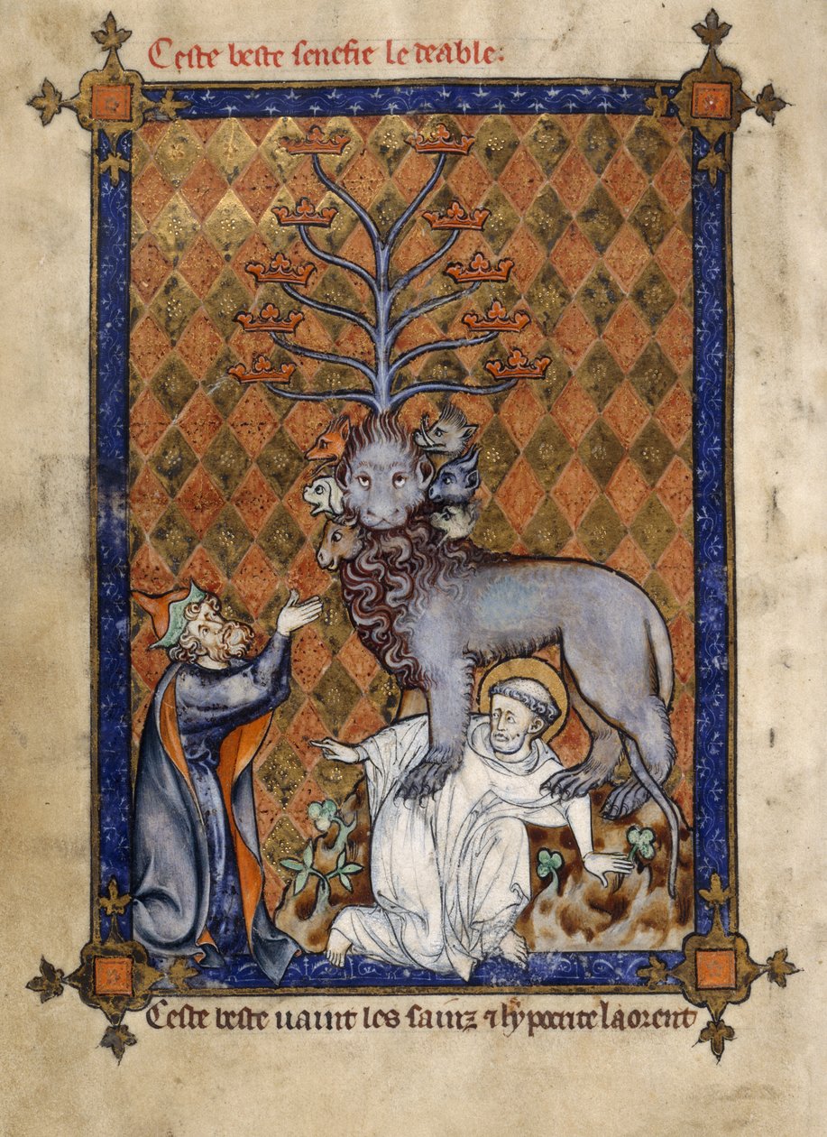 Dodać. 54180, f.14v Bestia z Apokalipsy, depcząca świętego i adorowana przez klęczącego hipokrytę, ilustracja z „La Somme le Roy” Frère Laurenta (atrament, kolor i złoto na welinie) autorstwa Honoré Maître