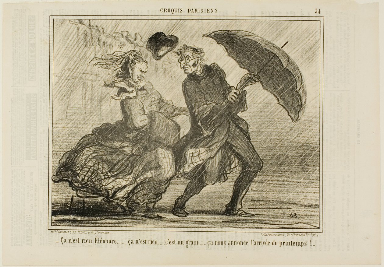"- Nie martw się, Eleonore... to nic takiego, to tylko mały wiatr zapowiadający nadejście wiosny", płyta 34 z Croquis Parisiens autorstwa Honoré Victorin Daumier