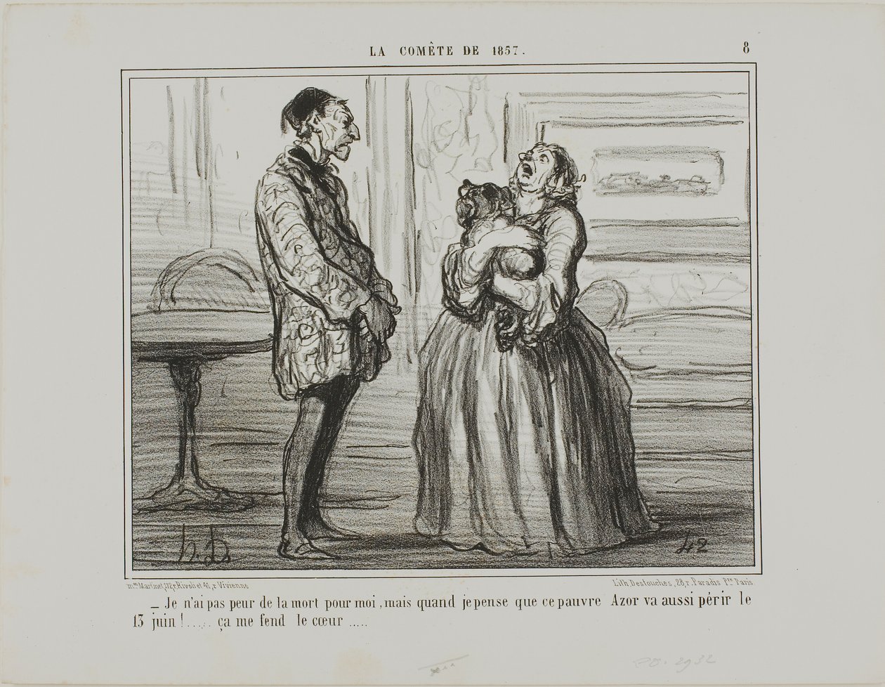 "- Nie boję się o siebie, ale kiedy myślę o biednym Azorze, który zginie 13 czerwca... to po prostu łamie mi serce", płyta 8 z La Cométe De 1857. autorstwa Honoré Victorin Daumier