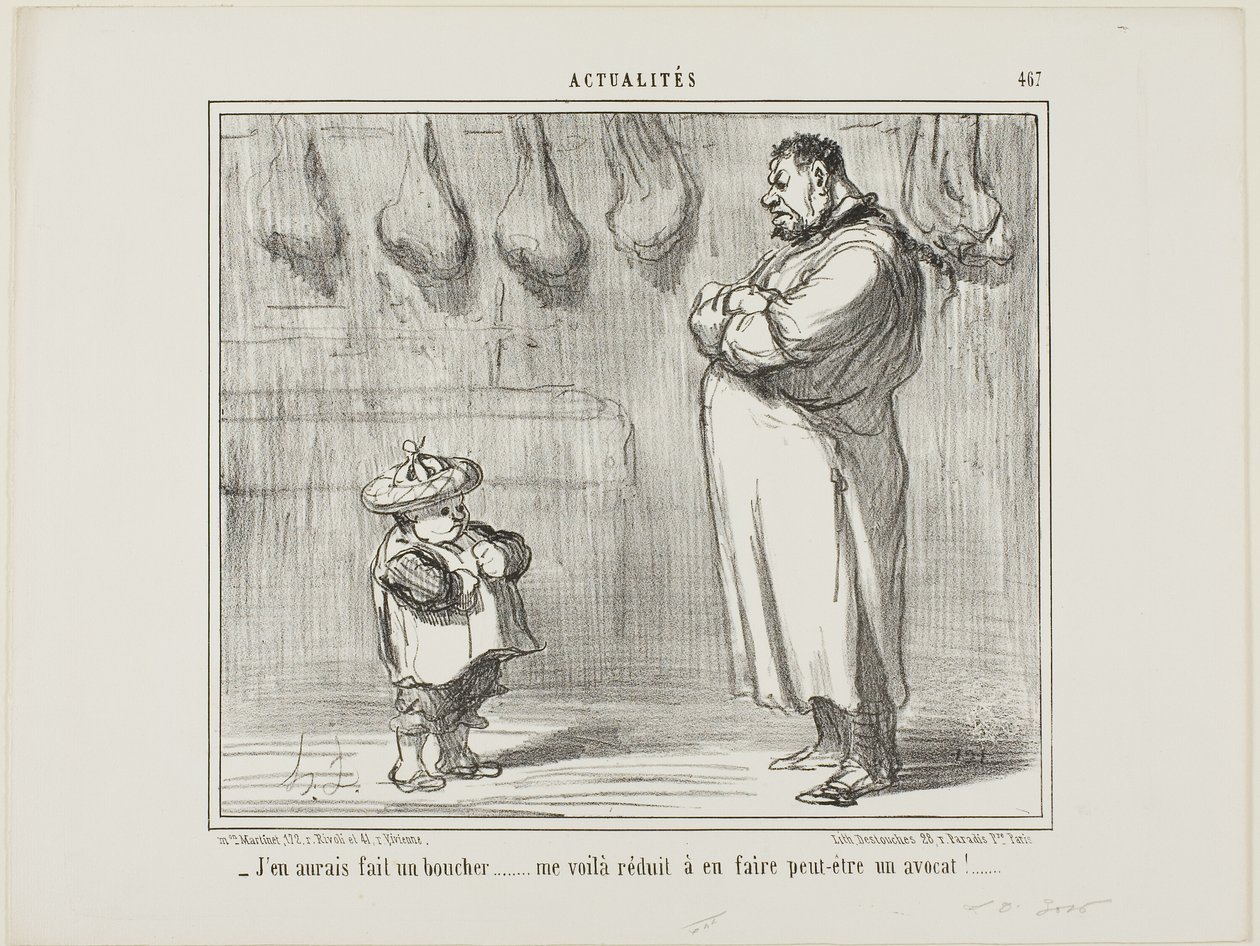"- Tak bardzo chciałbym zrobić z niego rzeźnika... teraz jestem zmuszony zrobić z niego prawnika", płyta 467 z Actualités autorstwa Honoré Victorin Daumier