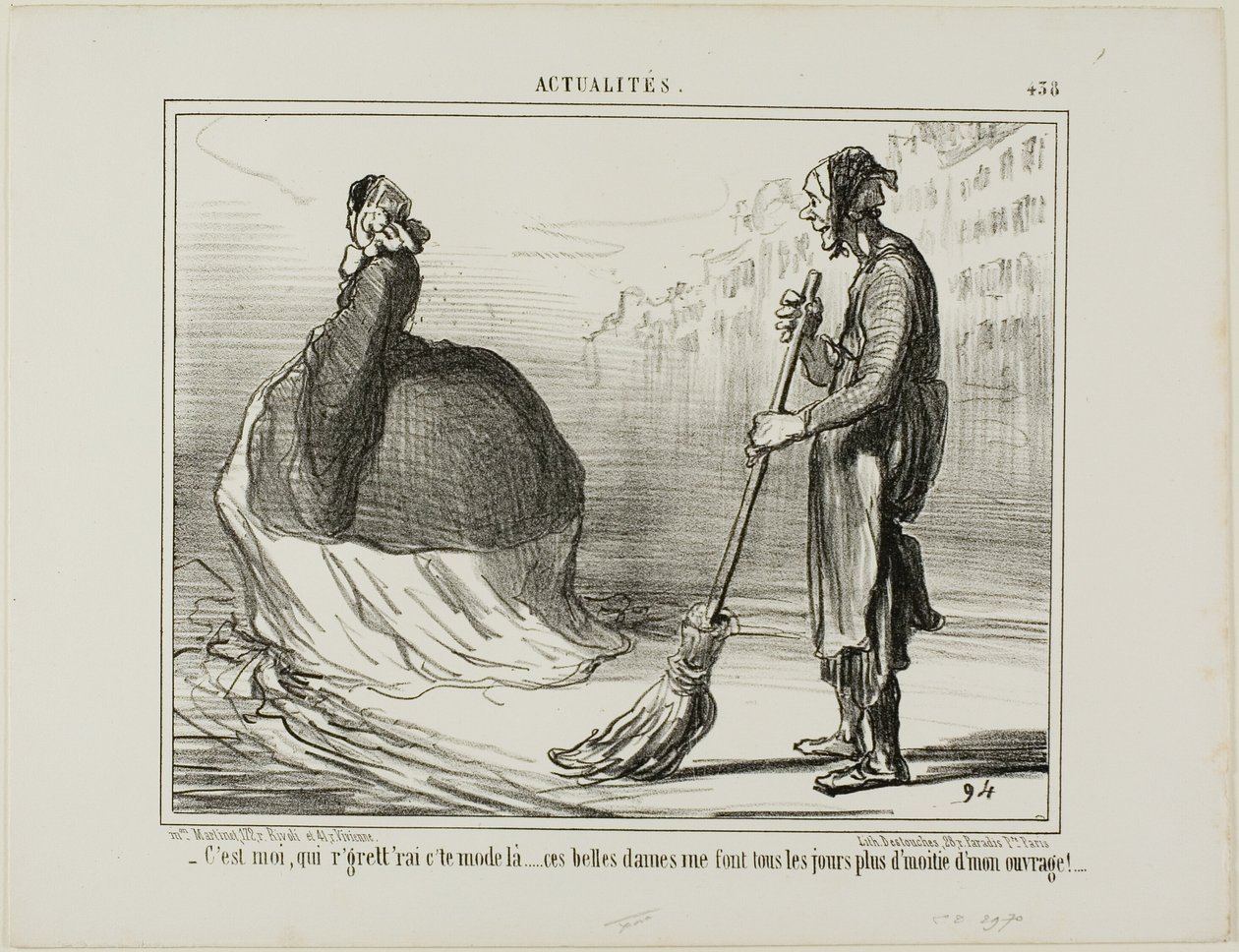 "- Żałuję, jeśli ten tryb pewnego dnia wyjdzie z mody... te panie wykonują połowę mojej pracy!", płyta 438 z Actualités autorstwa Honoré Victorin Daumier