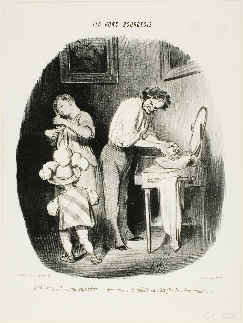 "- Czyż nie jest uroczy, Dodore... po odrobinie sprzątania nie jest już tym samym dzieckiem! ...", płyta 37 z Les Bons Bourgeois autorstwa Honoré Victorin Daumier
