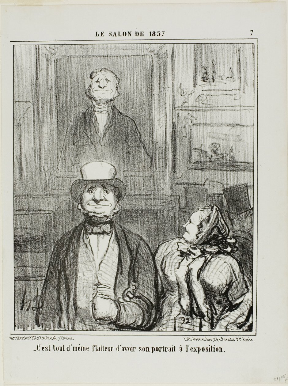 "- To naprawdę pochlebne mieć swój portret wystawiony na Salonie", płyta 7 z Le Salon de 1857. autorstwa Honoré Victorin Daumier