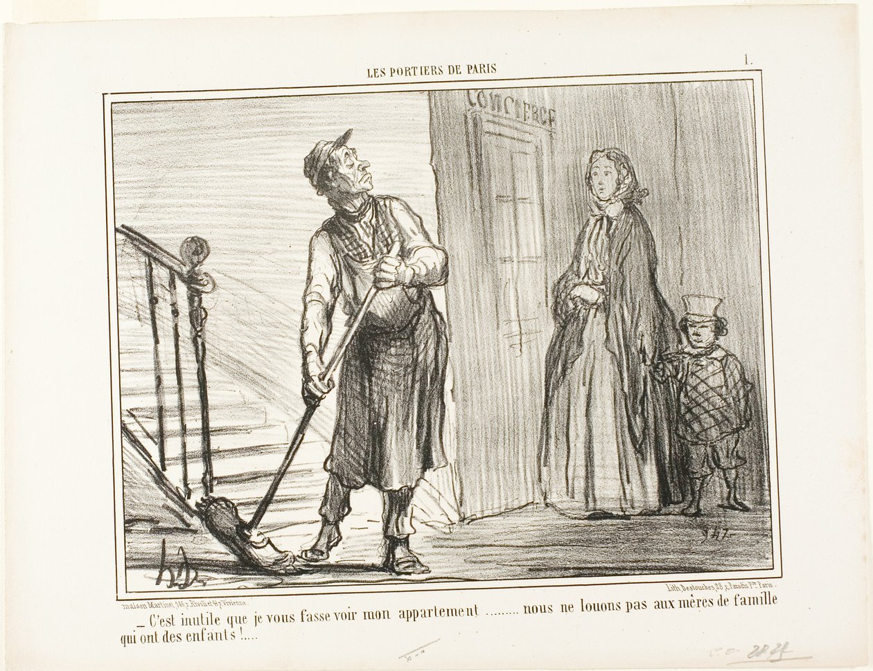 "- Nie ma sensu pokazywać ci mojego mieszkania. Nie wynajmujemy matkom z dziećmi", płyta 1 z Les Portiers De Paris autorstwa Honoré Victorin Daumier