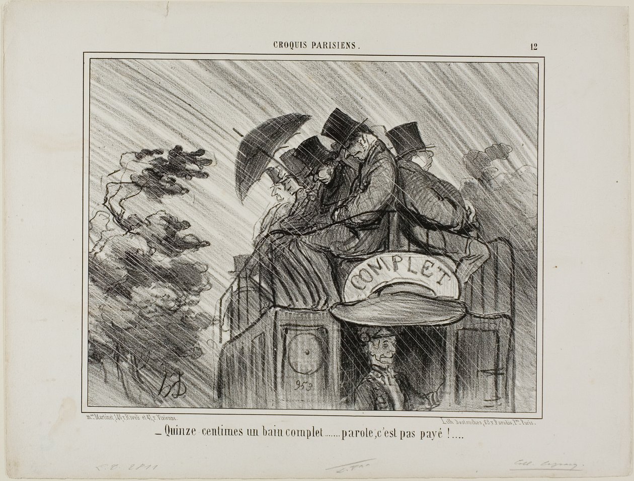 "- Tylko 15 centów za pełną kąpiel.... co za okazja!", płyta 12 z Croquis Parisiens autorstwa Honoré Victorin Daumier
