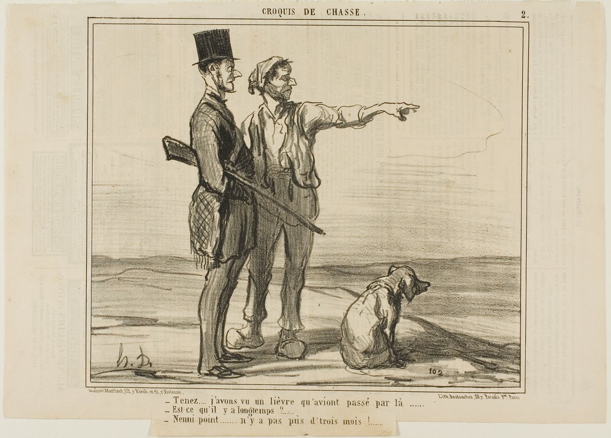 "- Słuchaj... Widziałem tam zająca... - Czy to było dawno temu - Wcale nie... to było mniej niż trzy miesiące temu...", płyta 2 z Croquis De Chasse autorstwa Honoré Victorin Daumier