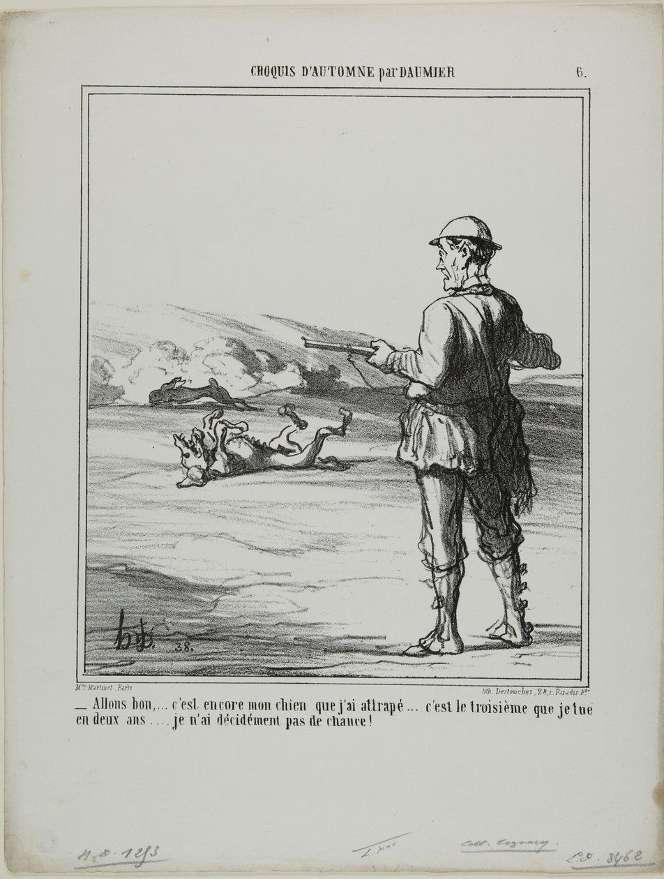 "- O cholera! .... to znowu mój własny pies, którego zastrzeliłem..... to już trzeci w ciągu dwóch lat.... Naprawdę nie mam szczęścia w polowaniu!", płyta 6 z Croquis D