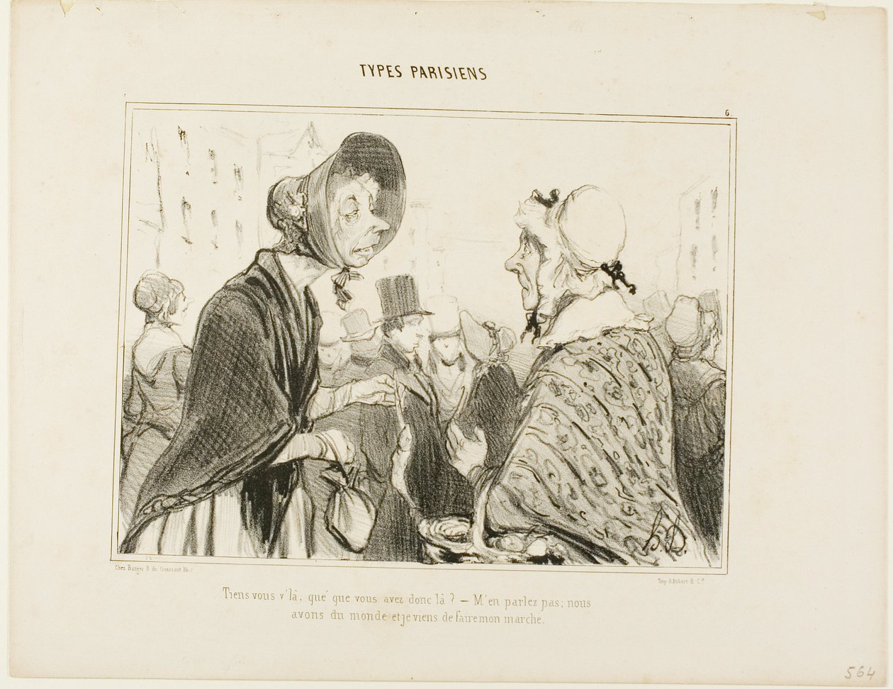 "- O, tu jesteś..... co tam masz ..... - Nie rozmawiajmy o tym.... mamy gości, a ja właśnie zrobiłam zakupy", płyta 6 z Types Parisiens. autorstwa Honoré Victorin Daumier