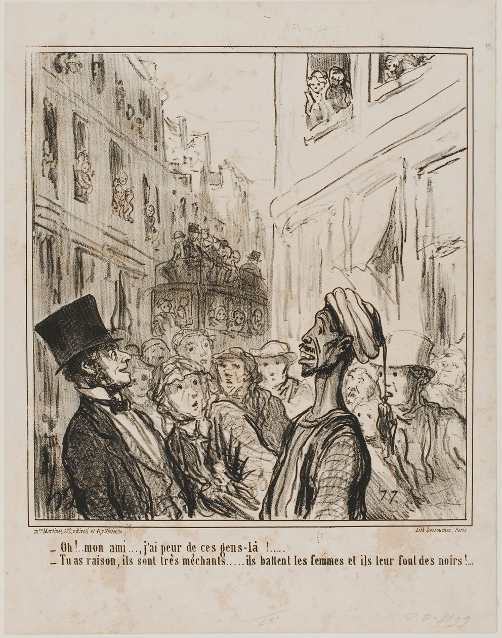 "- Och, mój przyjacielu... Boję się tych ludzi. - I słusznie... są dość okrutni, biją swoje kobiety i zmuszają je do rodzenia czarnych dzieci!", płyta 101 z Actualités. autorstwa Honoré Victorin Daumier