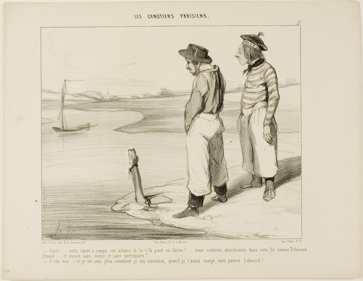 "- Nasza łódź puściła kotwicę i odpłynęła.... utknęliśmy na tej samotnej wyspie jak Robinson Crusoe... bez niczego do jedzenia i bez papugi.... - To prawda.... i naprawdę nie wiem, co zjeść, kiedy już cię pożrę, biedny Cabassol!". autorstwa Honoré Victorin Daumier