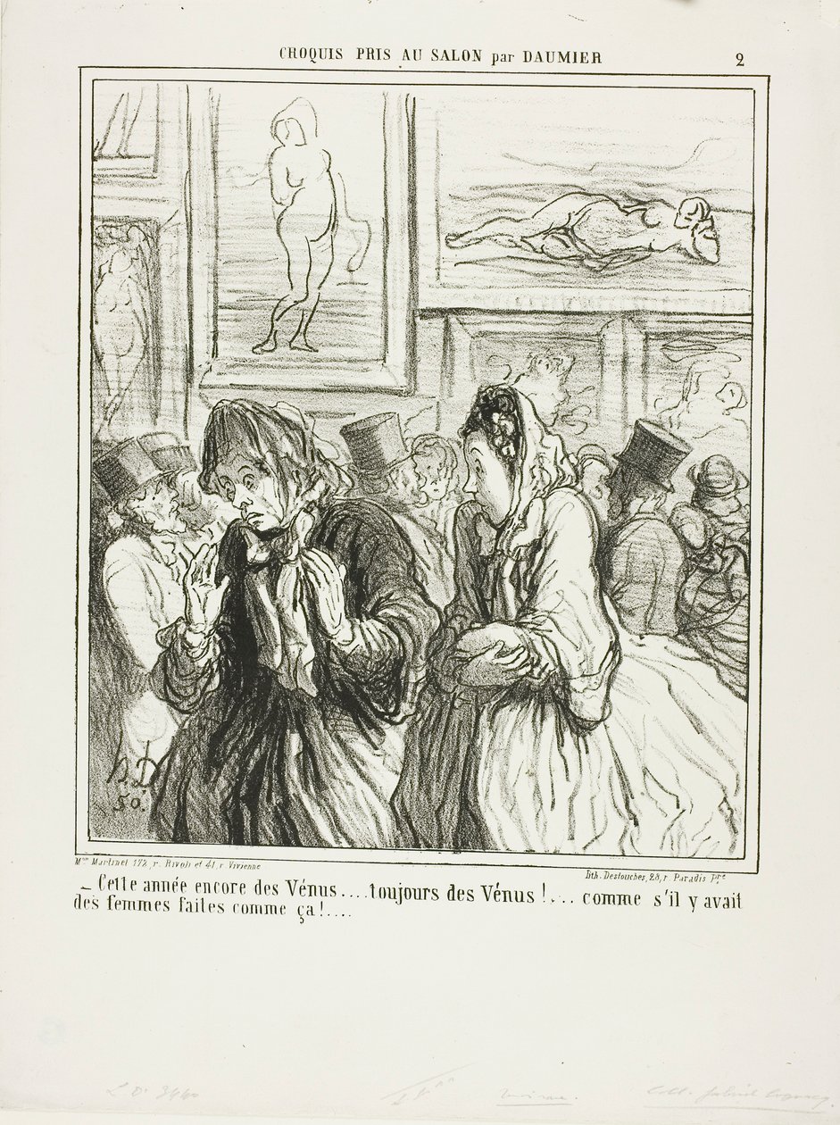 "- Jeszcze więcej Wenus w tym roku... zawsze Wenus!... jakby były jakieś kobiety zbudowane w ten sposób!", płyta 2 z Croquis Pris Au Salon par Daumier. autorstwa Honoré Victorin Daumier