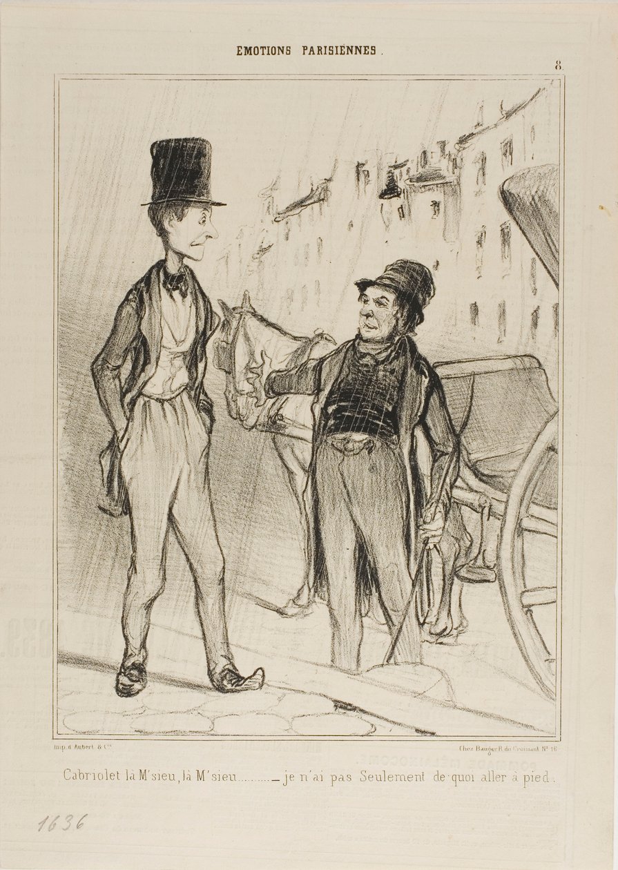 "- Taxi Monsieur Taxi - Nie mam nawet dość, by iść pieszo", płyta 8 z Émotions De Parisiens autorstwa Honoré Victorin Daumier