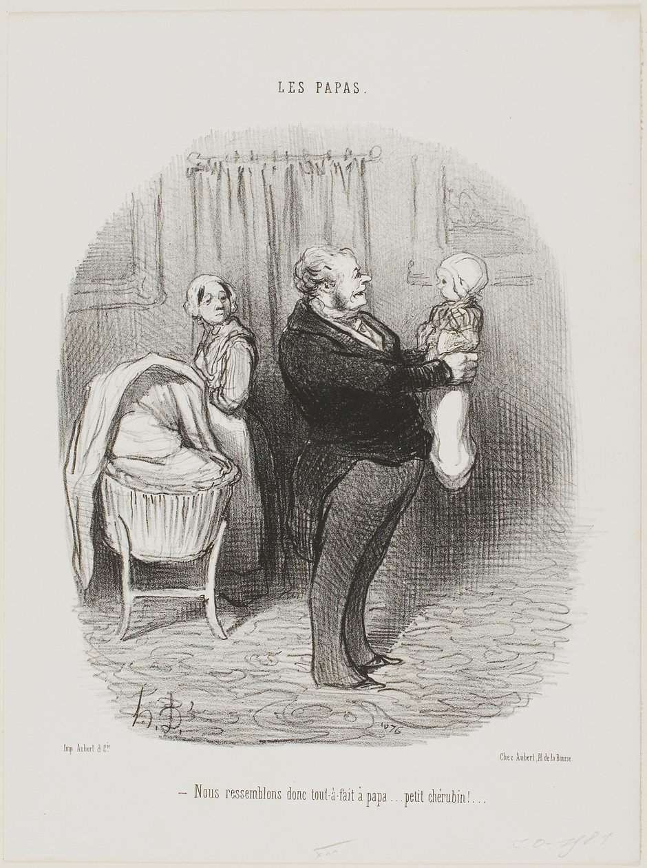 "- Naprawdę wyglądamy jak Papa, prawda... mały Cherub!", płyta 14 z Les Papas autorstwa Honoré Victorin Daumier