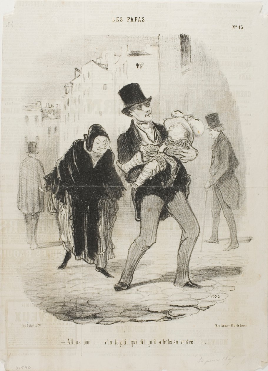 "- Tak, w porządku, ale biednego chłopca boli brzuch", płyta 13 z Les Papas autorstwa Honoré Victorin Daumier