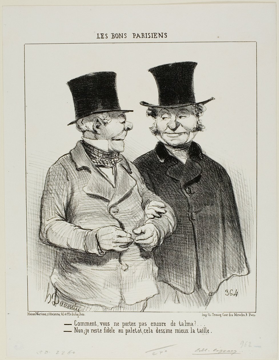 "- Nie nosisz jeszcze talmy - Nie, pozostaję wierny płaszczowi, jest bardziej dopasowany do mojej talii", płyta 1 z Les Bons Parisiens. autorstwa Honoré Victorin Daumier
