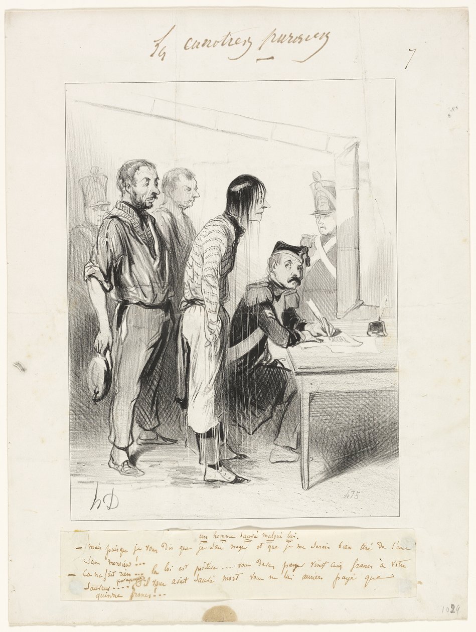 Człowiek uratowany wbrew swojej woli, płyta siódma z Les Canotiers Parisiens autorstwa Honoré Victorin Daumier