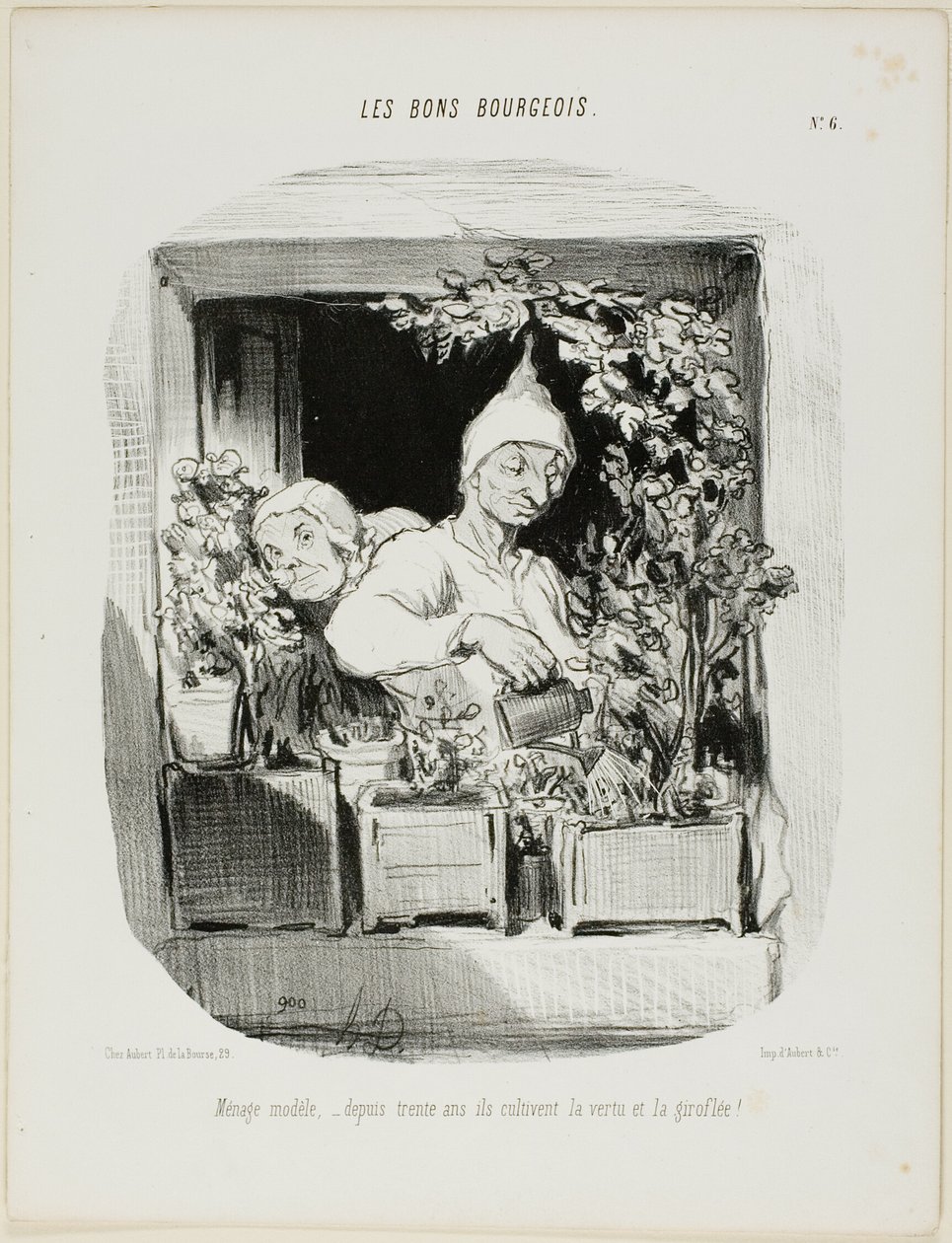 Wzorowe małżeństwo: Przez trzydzieści lat kultywowali cnotę i goździki, płyta szósta z Les Bons Bourgeois. autorstwa Honoré Victorin Daumier