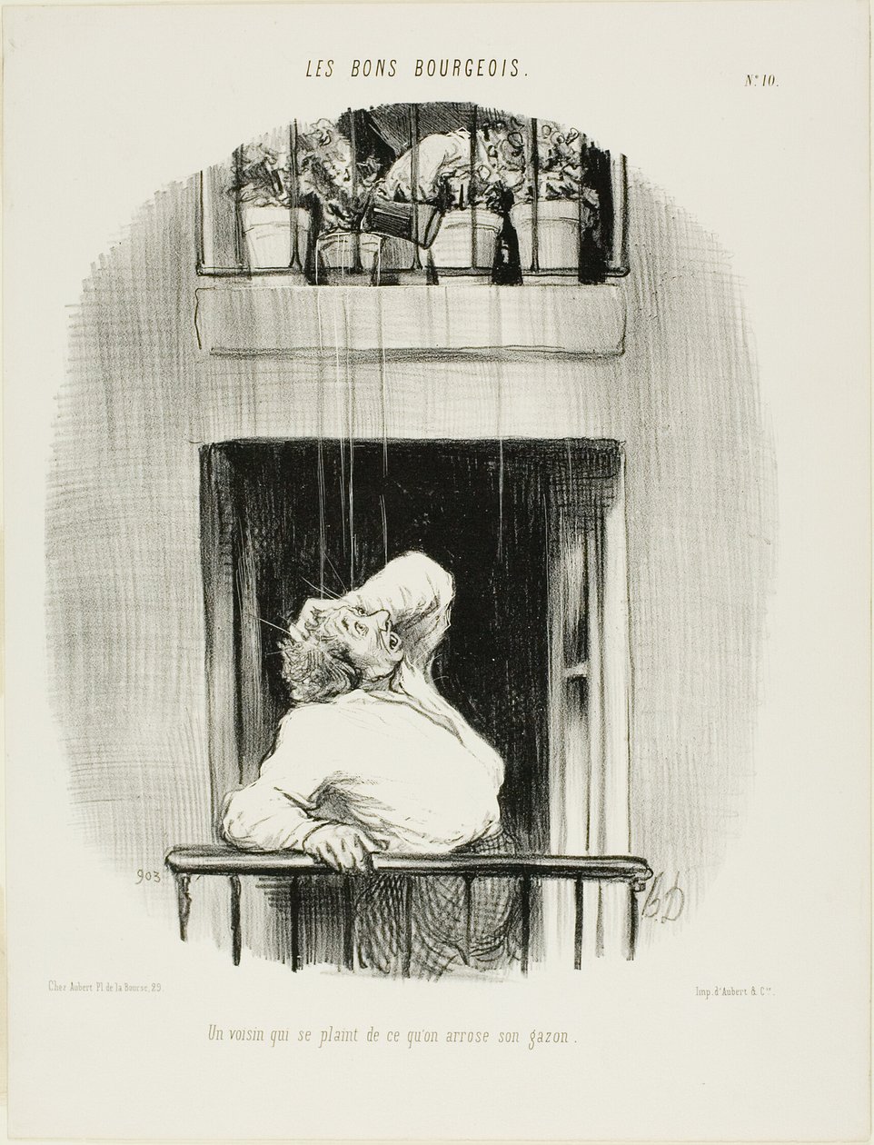 Sąsiad narzekający na podlewanie trawnika, płyta dziesiąta z Les Bons Bourgeois autorstwa Honoré Victorin Daumier