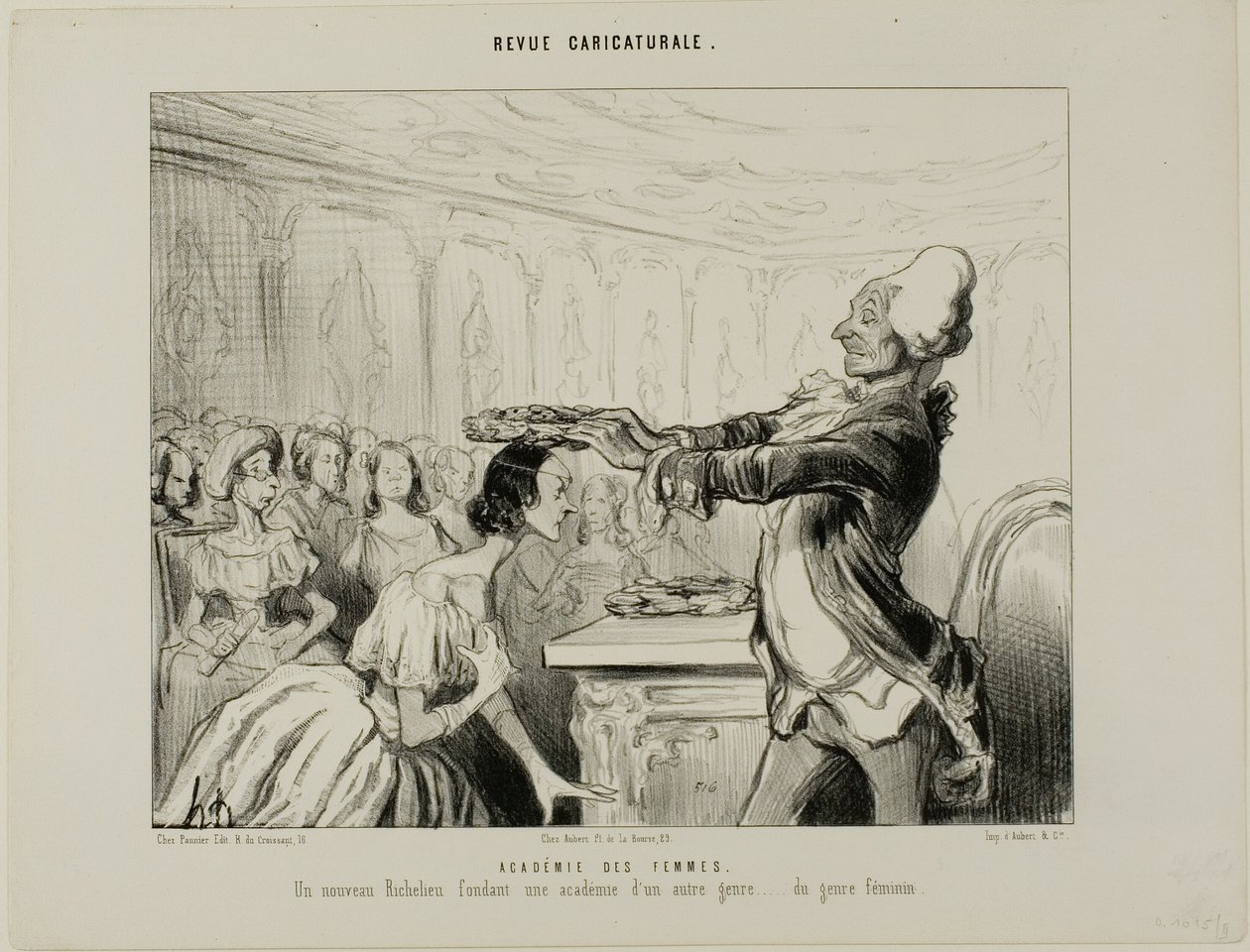 Akademia Kobiet. Nowy Richelieu, zakładający nową Akademię innego rodzaju.... płci żeńskiej, płyta 33 z Revue Caricatureale autorstwa Honoré Victorin Daumier