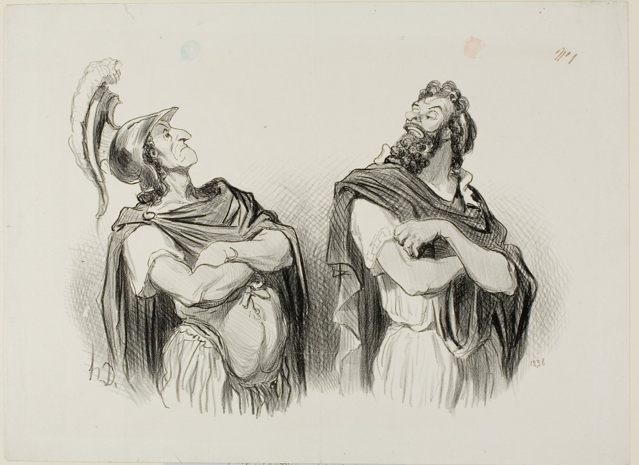 Achilles i Agamemnon. Achilles: "- A co mnie obchodzi twoja Troja!", płyta pierwsza z Physionomies Tragiques autorstwa Honoré Victorin Daumier