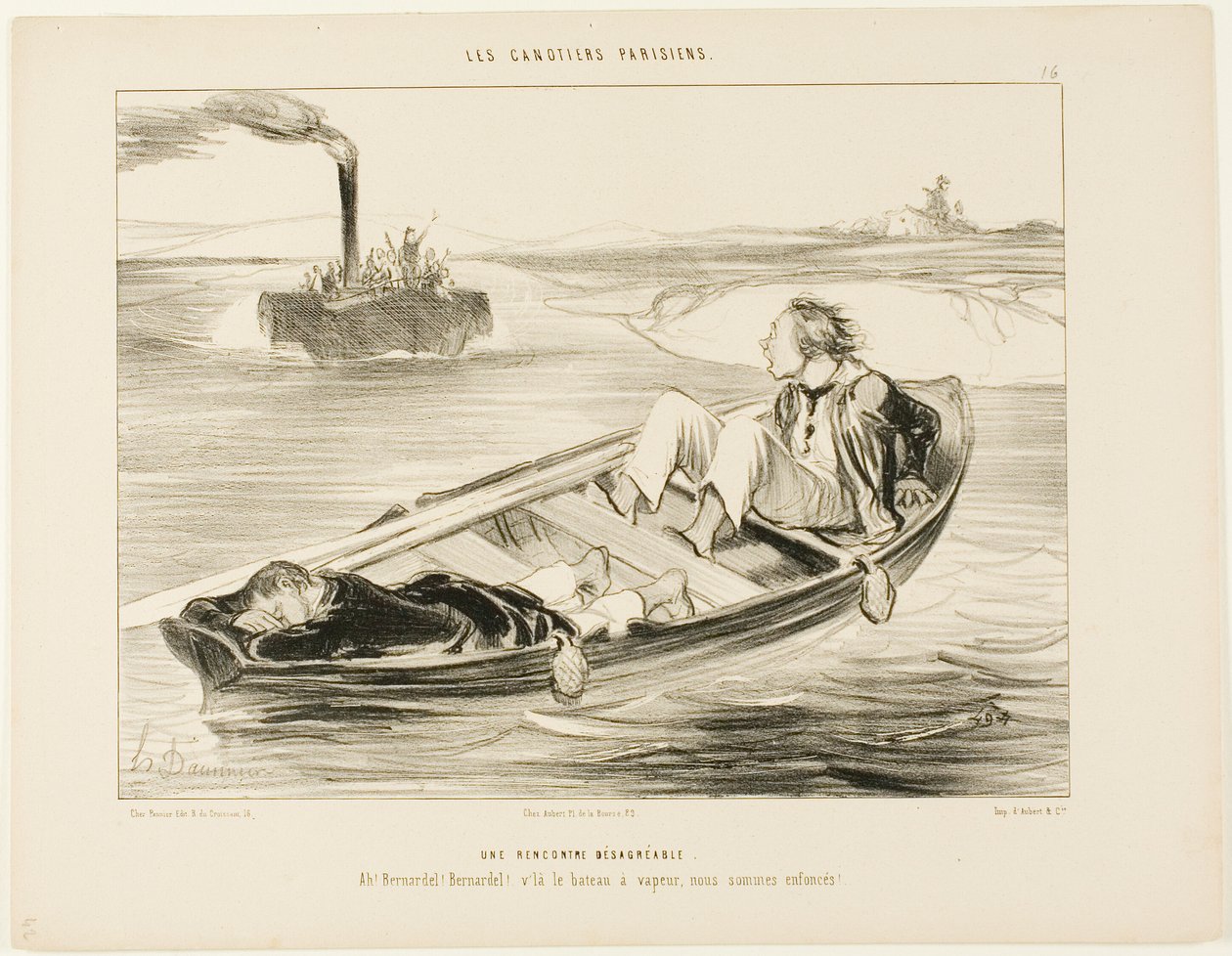 Nieprzyjemne spotkanie. "Bernardel, Bernardel! Nadchodzi parowiec... zatoniemy!", płyta 16 z Les Canotiers Parisiens autorstwa Honoré Victorin Daumier