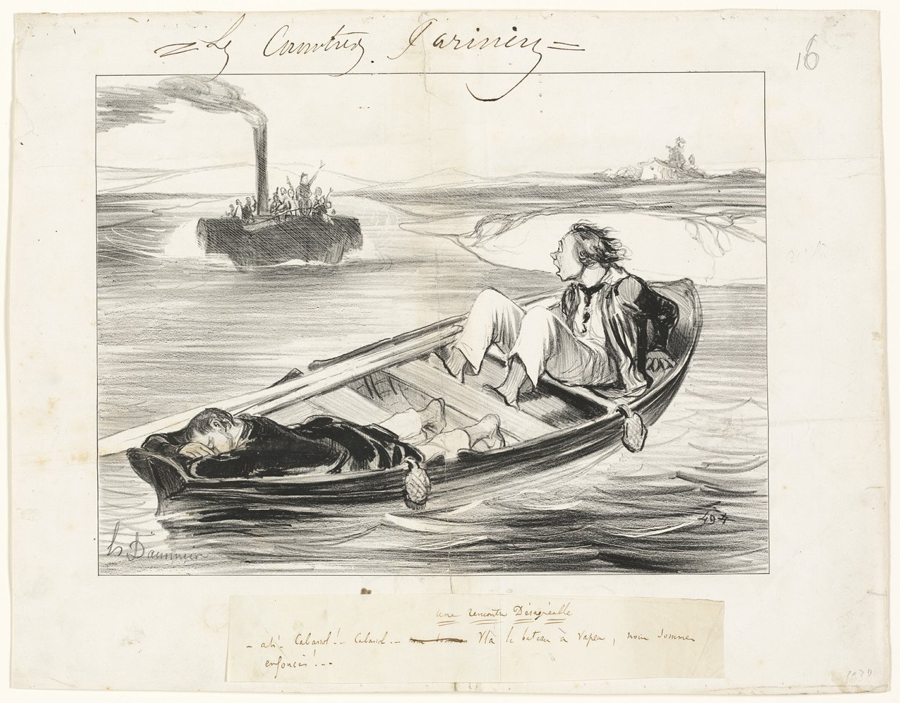 Nieprzyjemne spotkanie, płyta szesnasta z Les Canotiers Parisiens autorstwa Honoré Victorin Daumier