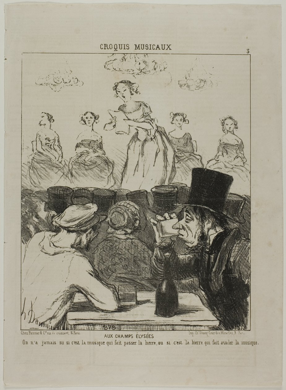 Na Polach Elizejskich. Nigdy nie było do końca jasne, czy to muzyka połyka piwo, czy piwo połyka muzykę, płyta 3 z Croquis Musicaux autorstwa Honoré Victorin Daumier