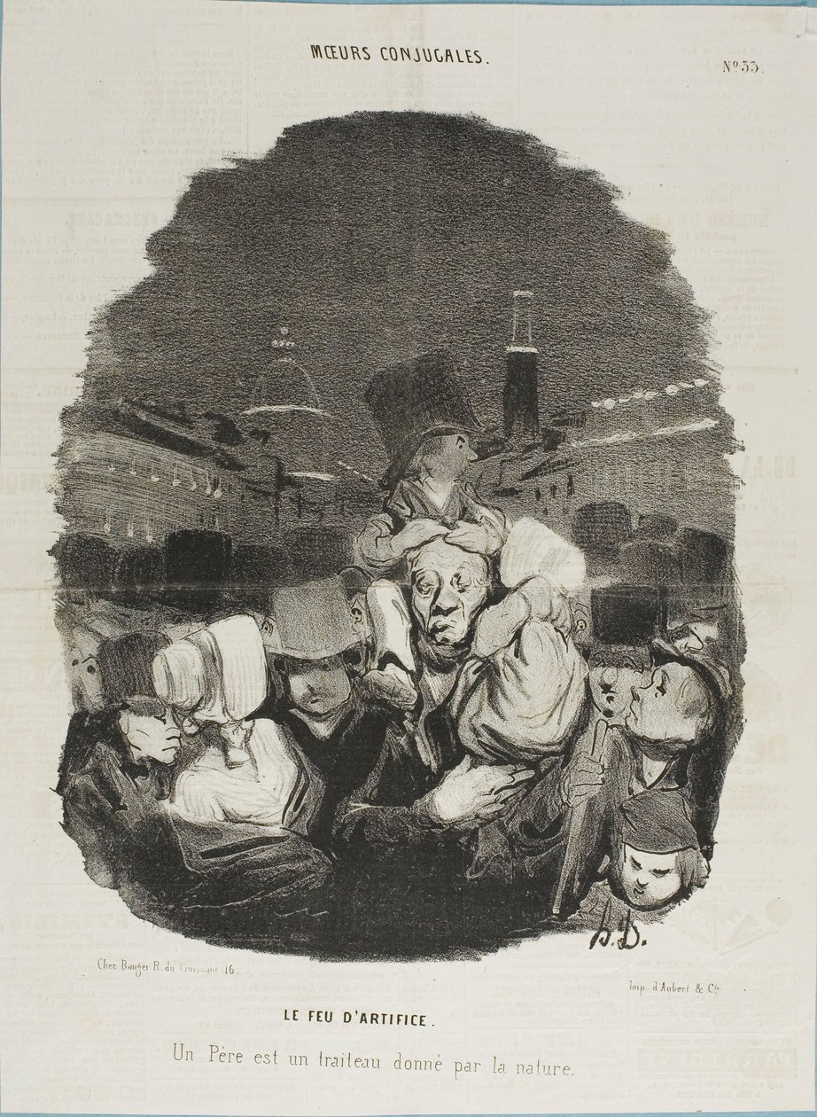 Podczas pokazu sztucznych ogni. Ojciec jest koniem pociągowym, zapewnionym przez naturę, płyta 33 z Moeurs Conjugales i płyta 14 w Actualités autorstwa Honoré Victorin Daumier