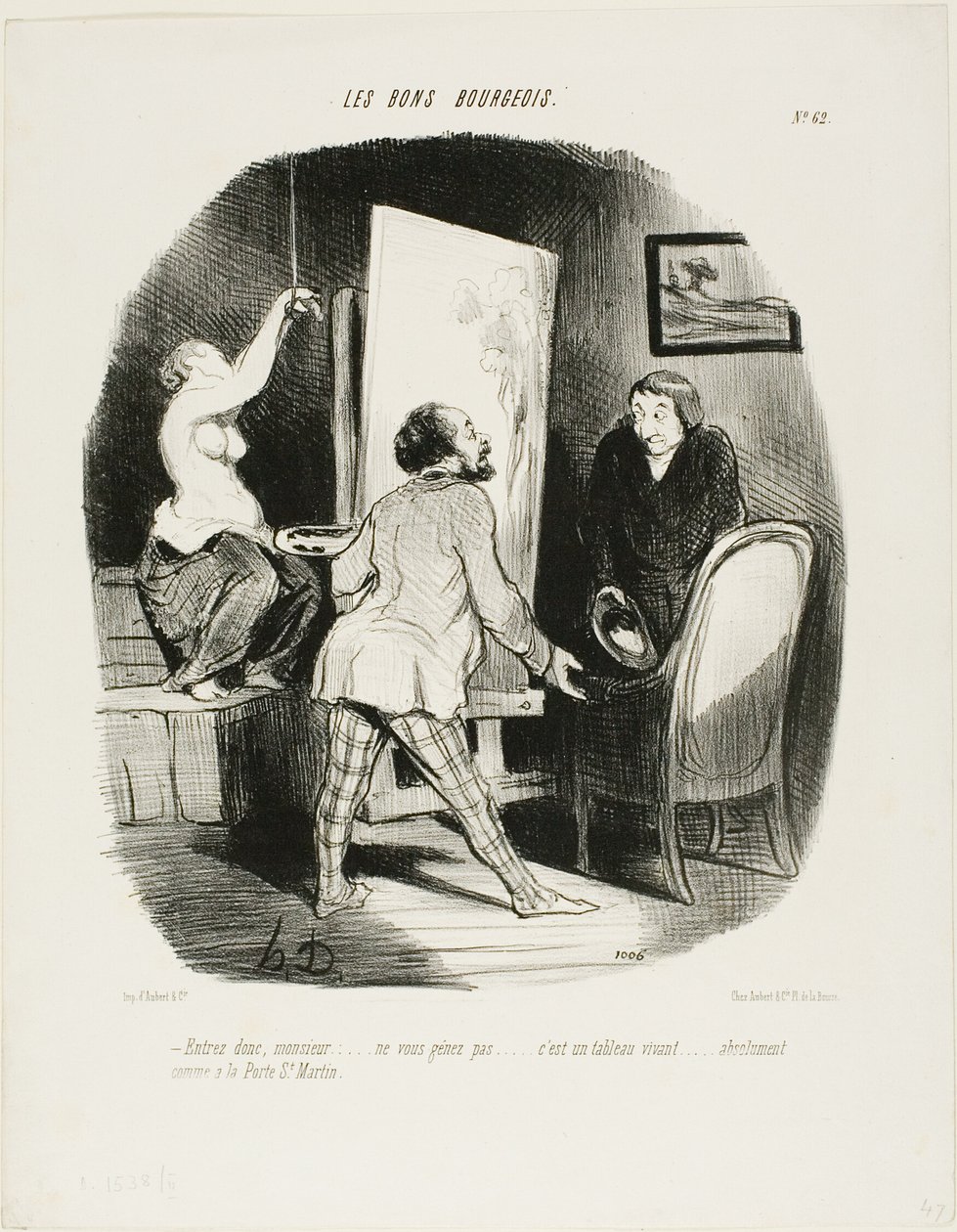 "Wejdź, Monsieur, nie wstydź się. To żywy obraz...., taki jak (można zobaczyć) w Porte St. Martin", płyta 62 z Les Bons Bourgeois autorstwa Honoré Victorin Daumier