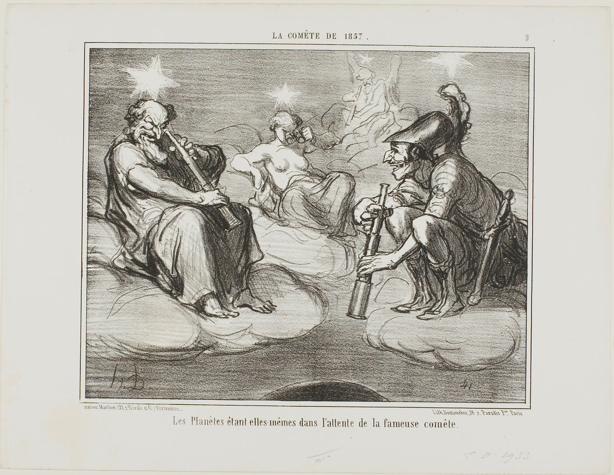 Nawet planety z zainteresowaniem obserwują przybycie słynnej komety, płytka 9 z La Cométe De 1857 autorstwa Honoré Victorin Daumier