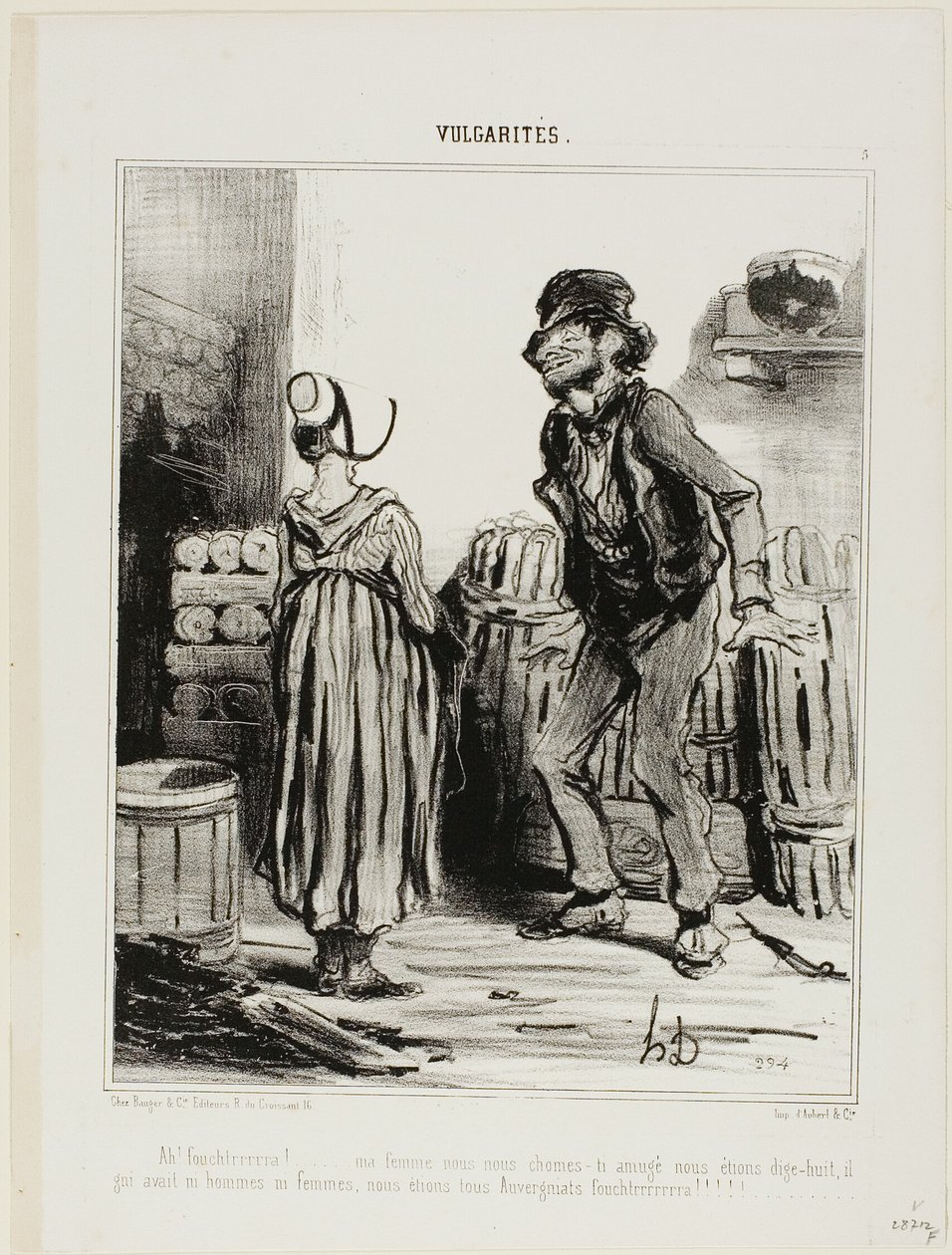 "Ha! Dammmmmnit żona... jak dobrze się bawiliśmy, gdy mieliśmy osiemnaście lat.... żadnych mężczyzn, żadnych kobiet..... tylko my, ludzie z Owernii", płyta 5 z Vulgarités. autorstwa Honoré Victorin Daumier