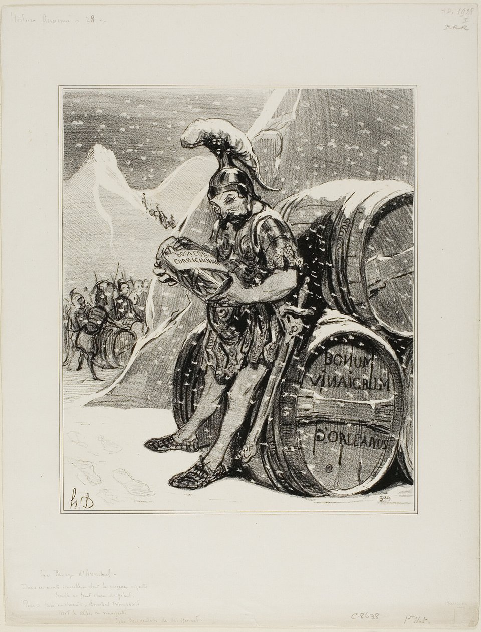 Przejście Hannibala. Te wyniosłe góry, gdzie śnieg przypomina białe czoło giganta, drżą, by wykuć drogę, z triumfalną pieśnią Hannibal zamienił Alpy w cornichon. (Les Occidentals by Mr. Quinet), płyta 28 z Histoire Anci autorstwa Honoré Victorin Daumier