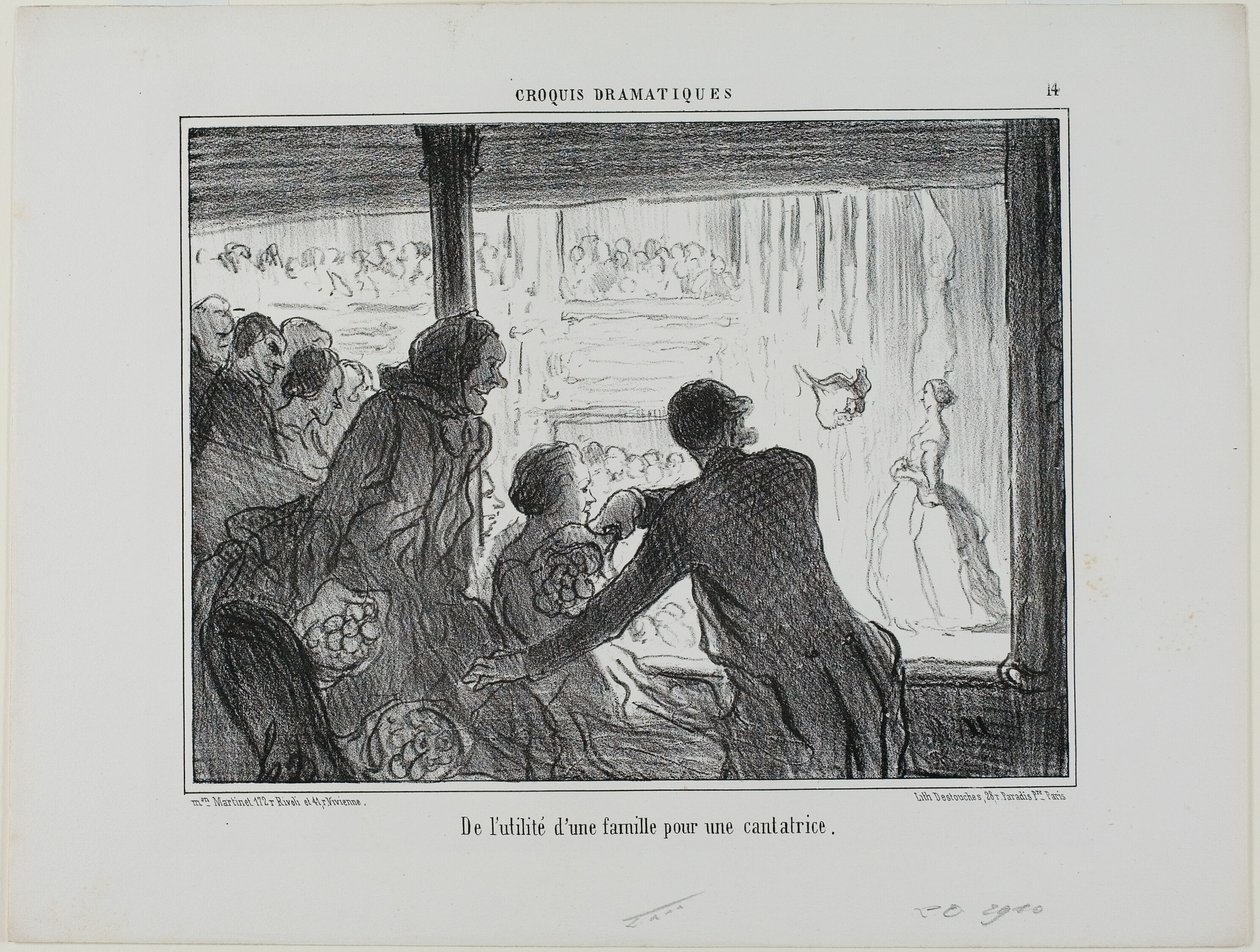 Jak przydatne dla śpiewaka operowego jest posiadanie rodziny, płyta 14 z Croquis Dramatiques autorstwa Honoré Victorin Daumier