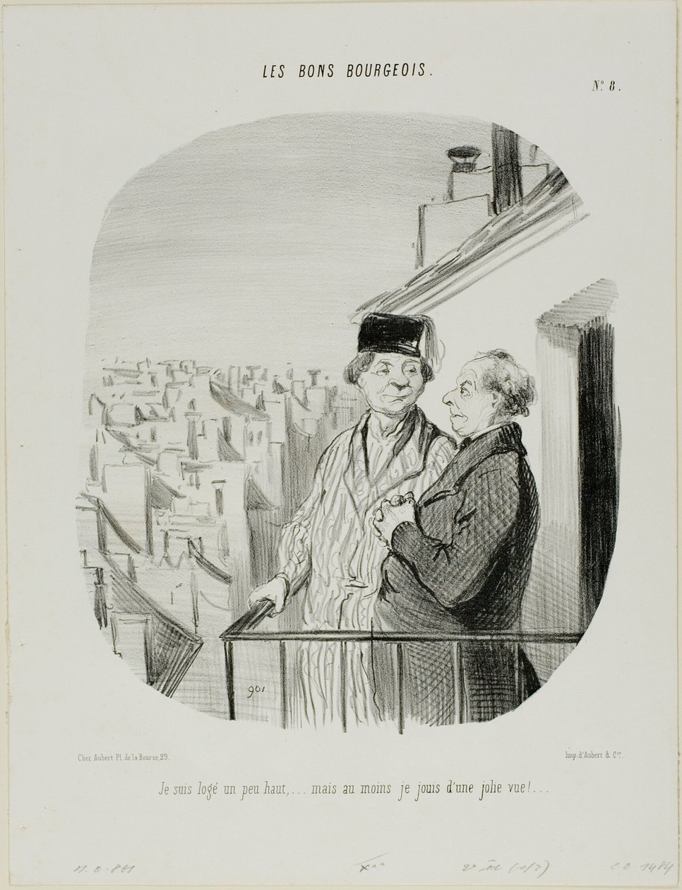 "Mieszkam trochę wysoko... ale przynajmniej cieszę się pięknym widokiem", płyta 8 z Les Bons Bourgeois autorstwa Honoré Victorin Daumier