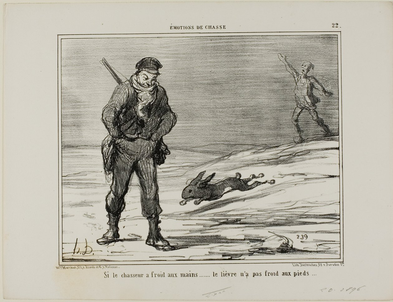 Jeśli myśliwy ma zimne ręce... zając nie ma zimnych stóp, płyta 22 z Émotions De Chasse autorstwa Honoré Victorin Daumier