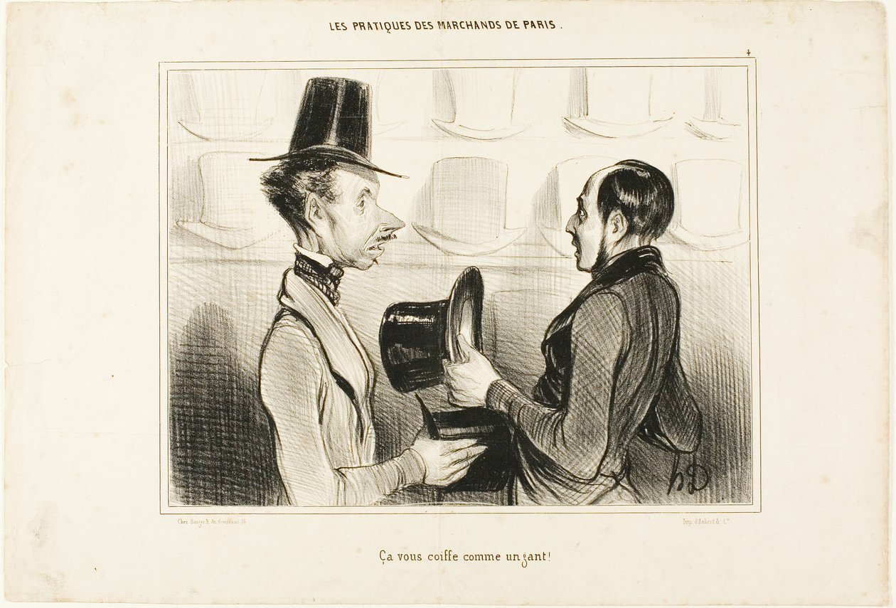 "Pasuje jak ulał!", płytka 34 od Types Parisiens autorstwa Honoré Victorin Daumier