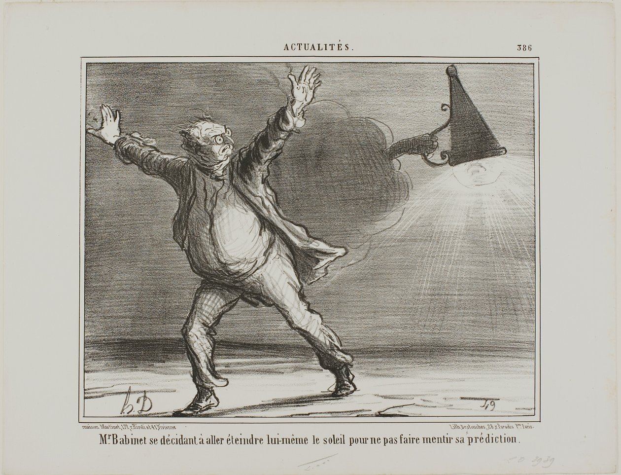 Monsieur Babinet postanawia osobiście wyłączyć słońce, aby jego przepowiednie się spełniły, płyta 386 z Actualités autorstwa Honoré Victorin Daumier