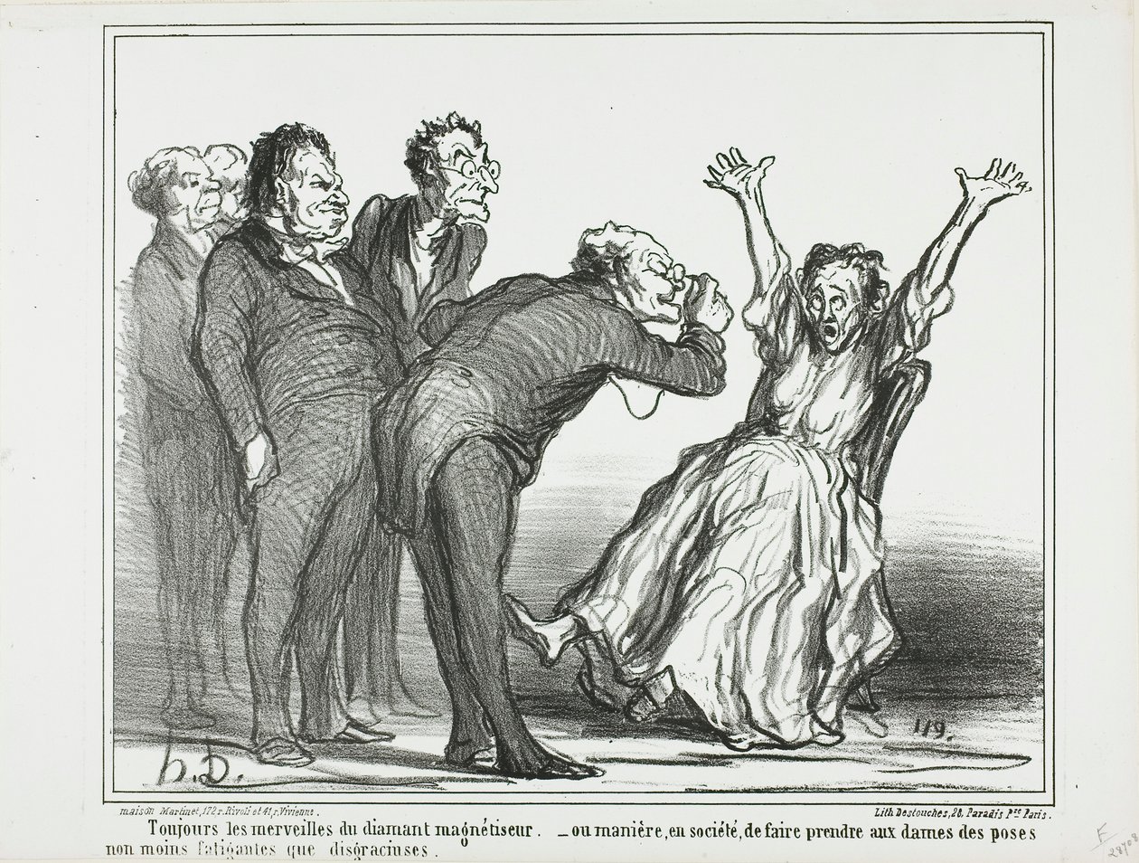 Więcej cudów od diamentowego hipnotyzera. Or, how to make the ladies pose in society in exhausting and not very gracious positions, płyta 137 z Actualités autorstwa Honoré Victorin Daumier