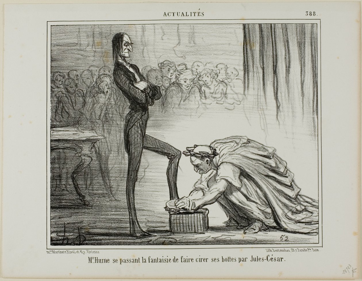 Pan Hume fantazjujący o Juliuszu Cezarze polerującym swoje buty, płyta 388 z Actualités autorstwa Honoré Victorin Daumier