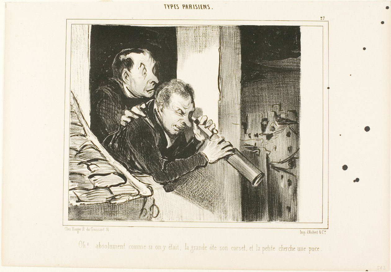 "Och! To tak, jakbyśmy tam byli: wysoka otwiera gorset, a mała szuka pchły!", płyta 27 z Types Parisiens autorstwa Honoré Victorin Daumier