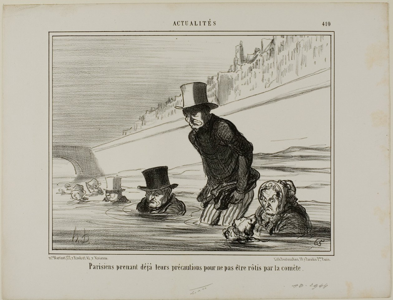 Paryżanie już podejmują środki ostrożności, aby uniknąć spalenia przez kometę, płyta 410 z Actualités autorstwa Honoré Victorin Daumier