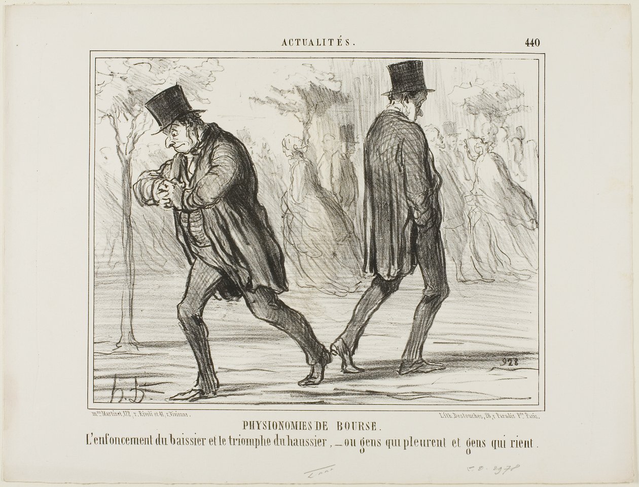 Fizjonomia Giełdy Papierów Wartościowych. Rozpacz baissiera i triumf haussiera - czyli płacz i śmiech, płyta 440 z Actualités autorstwa Honoré Victorin Daumier