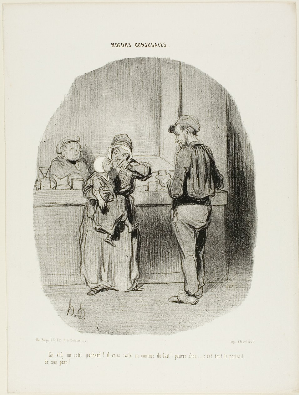 "Regularny mały pijak!.. połyka to jak mleko! Biedne maleństwo... jest taki jak jego ojciec!", płyta 42 z Moeurs Conjugales. autorstwa Honoré Victorin Daumier
