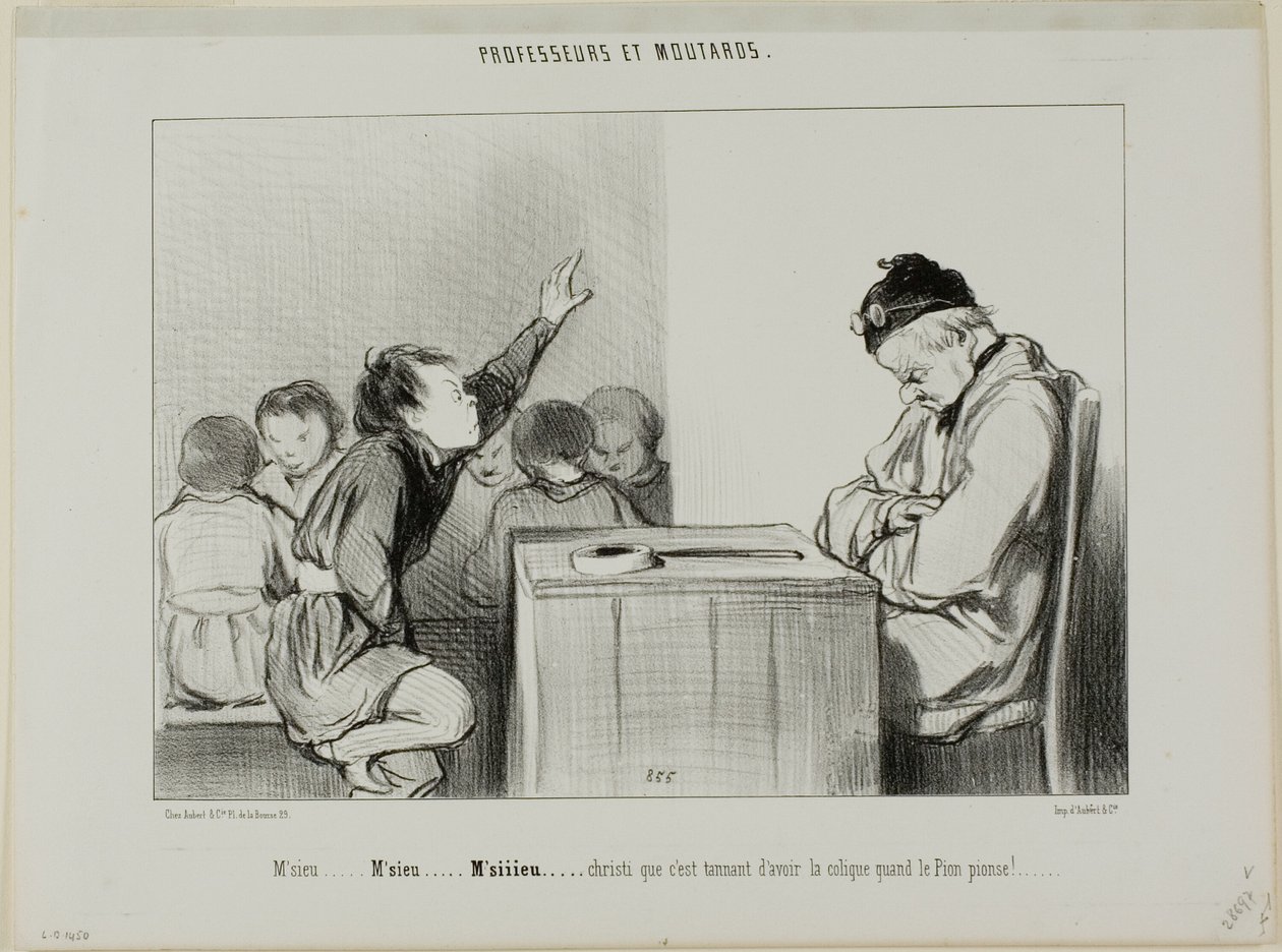 "Sir... Sir... Siiiirrrr... Chryste, to irytujące mieć kolkę, gdy nadzorca nadzoruje", płytka 13 z Professeurs Et Moutards autorstwa Honoré Victorin Daumier