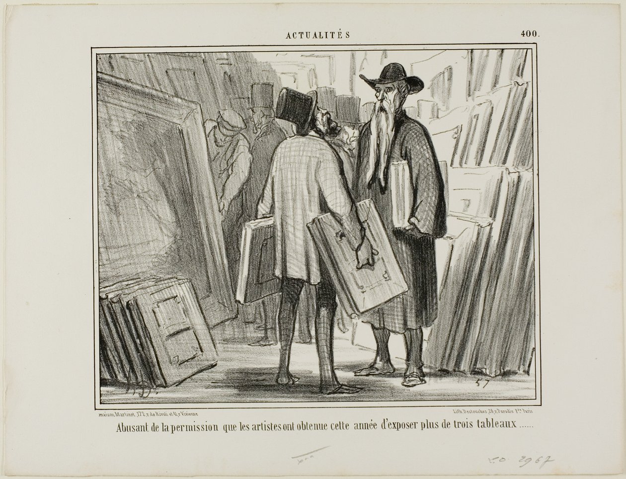 Niektórzy artyści korzystają z tegorocznego pozwolenia na wystawienie więcej niż trzech obrazów, płyta 400 z Actualités autorstwa Honoré Victorin Daumier
