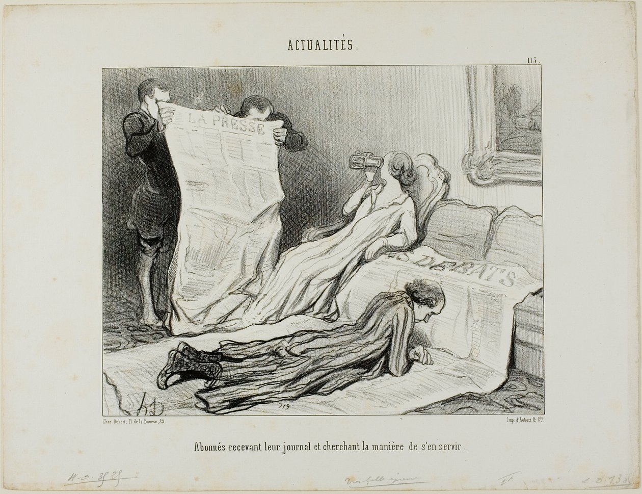 Subskrybenci próbujący poradzić sobie ze swoją gazetą, płyta 115 z Actualités autorstwa Honoré Victorin Daumier
