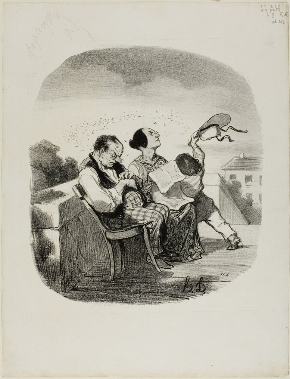 Zalety dzielenia świeżego powietrza na włoskim tarasie wraz z dużą liczbą owadów, płyta 42 z Pastorales autorstwa Honoré Victorin Daumier