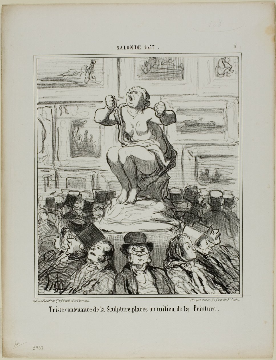Niezadowolenie z rzeźby umieszczonej pośrodku wystawy obrazów, płyta 5 z Salonu De 1857 autorstwa Honoré Victorin Daumier
